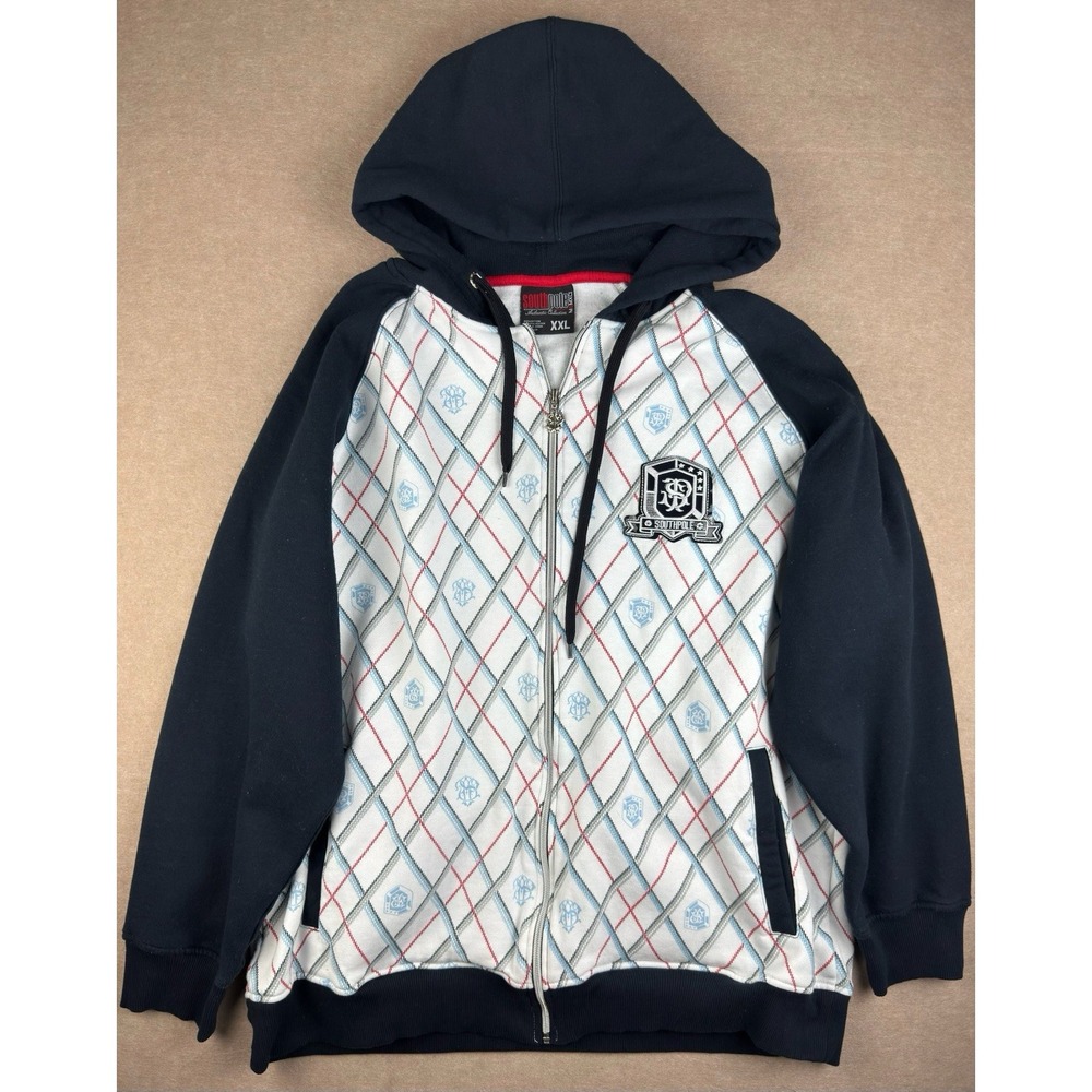 Southpole Hoodie XXL White Black Argyle Zip‎ Up Crest Patch Y2K Streetwear